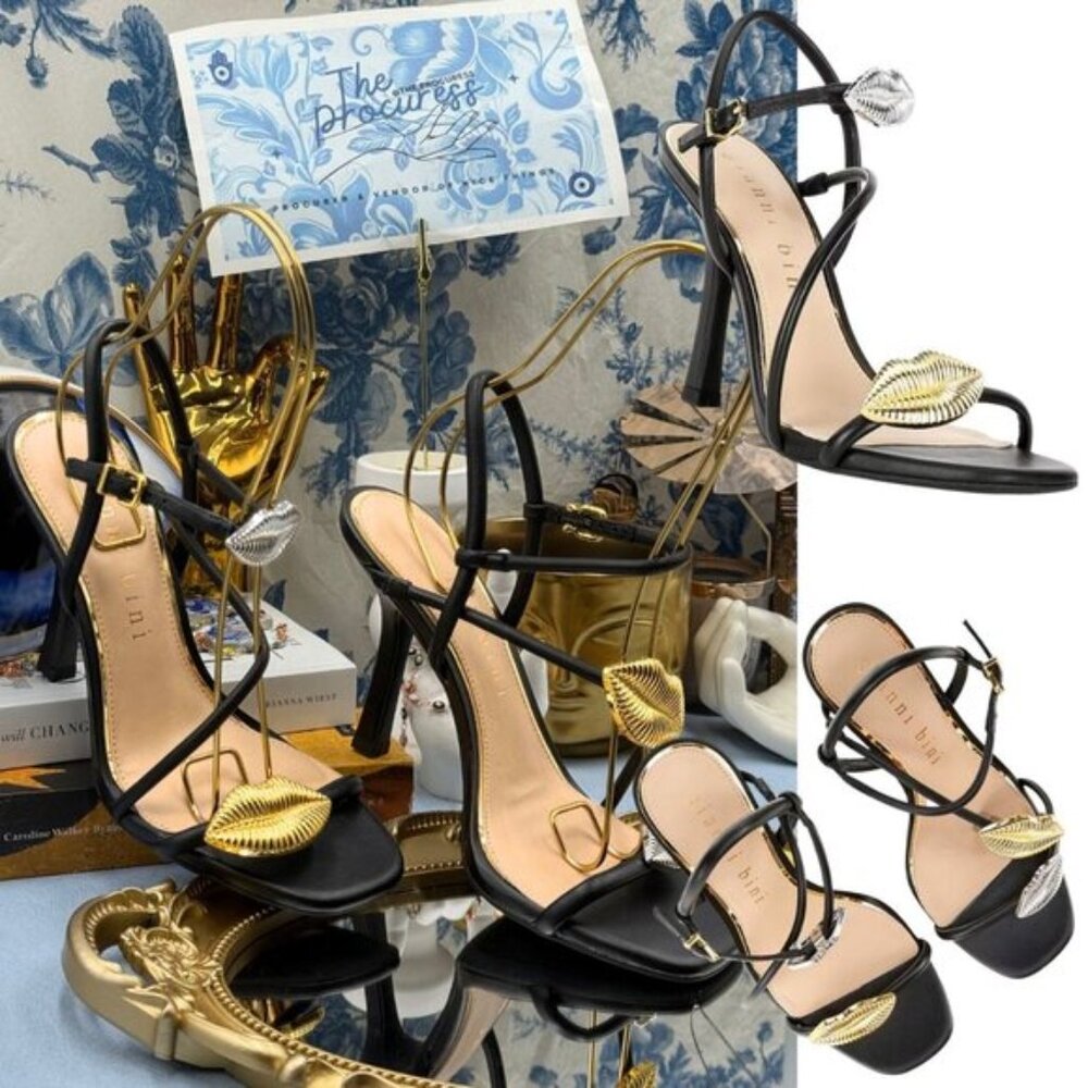 🆕 GIANNI BINI 🧿 NWOB Carletta Lip Ornamented Sandals, Black Leather, Sz 7